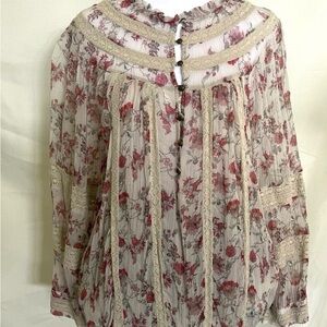 Anthroplogie Floral Lace Trim Blouse - Cream and Red